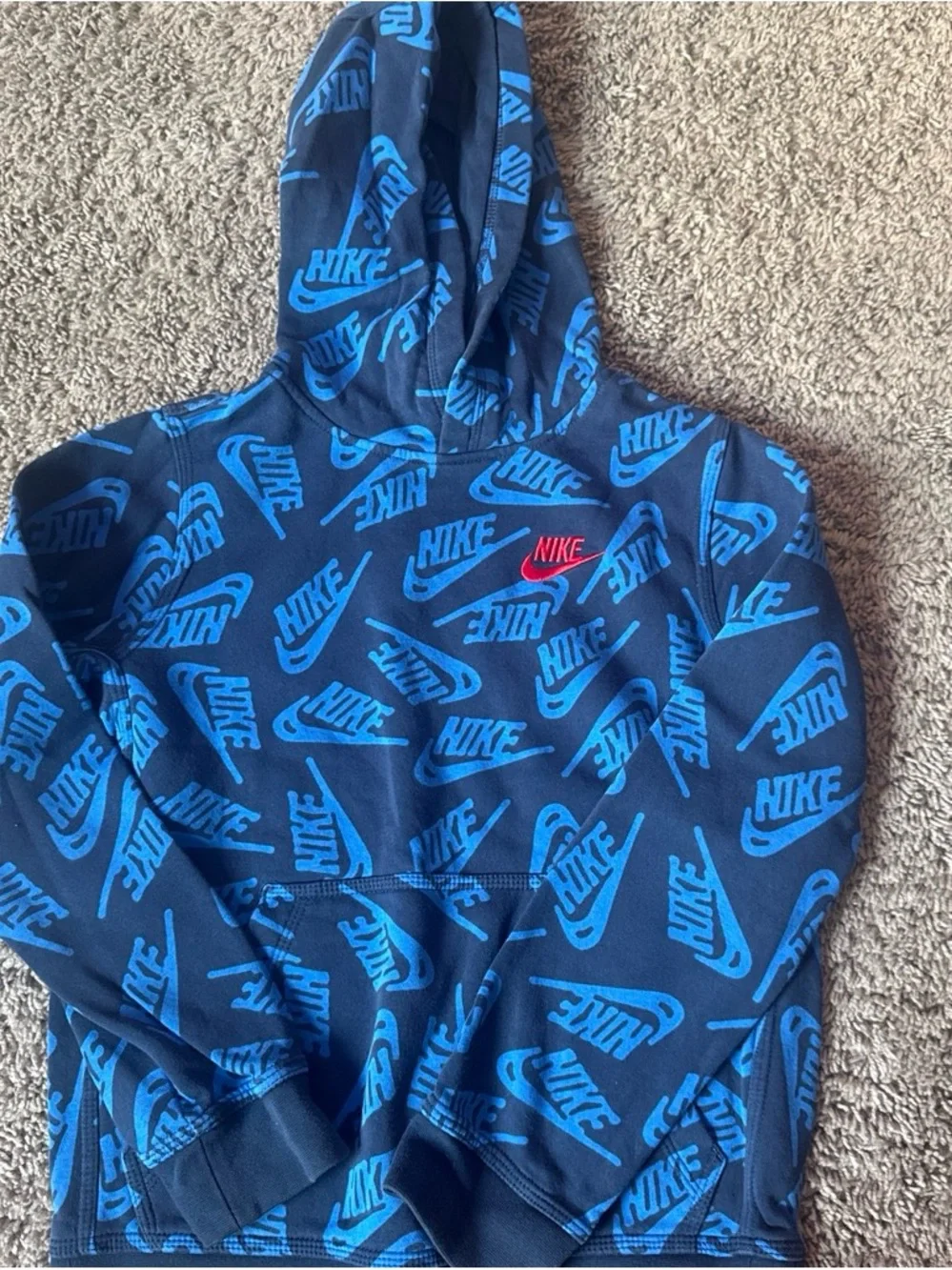 Nike Navy Hoodie with Bright Blue Logo Print and Red Chest Swoosh